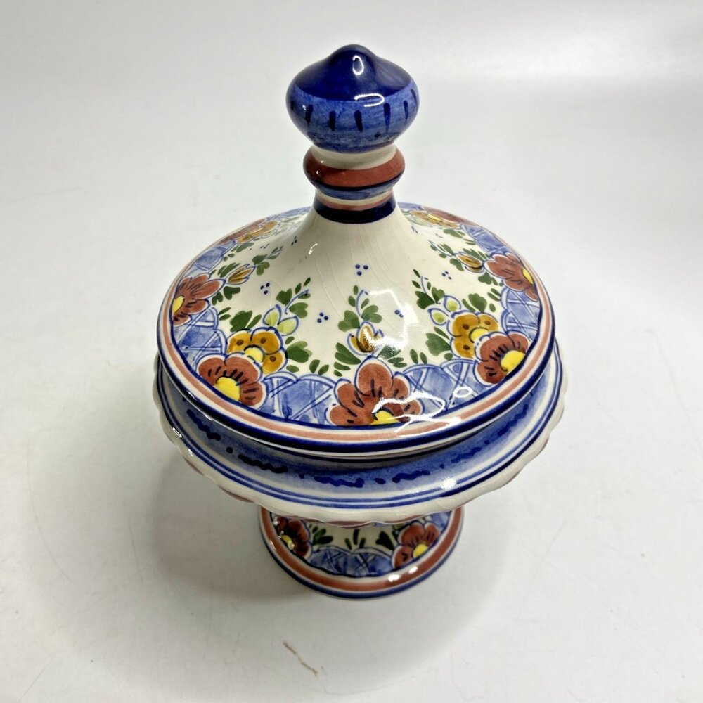Delft Polychrome Candy Dish Trinket Jar Holland Hand Painted Ceramic Floral
